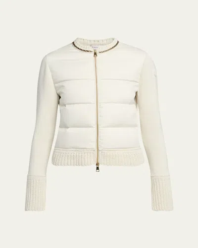 Moncler Quilted Combo Cardigan With Chain Embellishment In Neutral