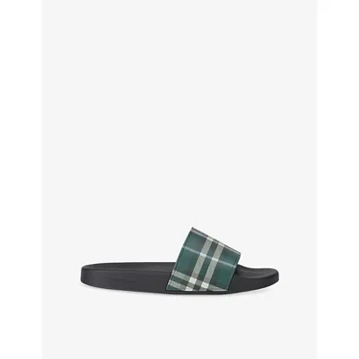 Burberry Mens Green Comb Furley Check Rubber Sliders