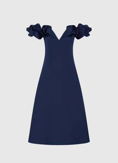 Leo Lin Annie Off Shoulder Frill Midi Dress - Navy In Blue