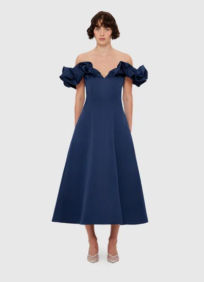 Leo Lin Annie Off Shoulder Frill Midi Dress - Navy In Blue