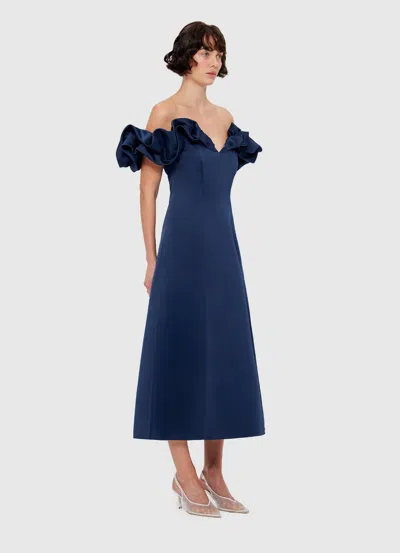 Leo Lin Annie Off Shoulder Frill Midi Dress - Navy In Blue
