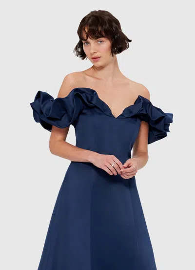 Leo Lin Annie Off Shoulder Frill Midi Dress - Navy In Blue