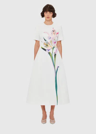 Leo Lin Satin Floral Caroline Midi Dress In White