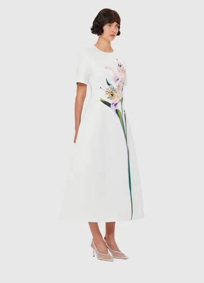 Leo Lin Satin Floral Caroline Midi Dress In White