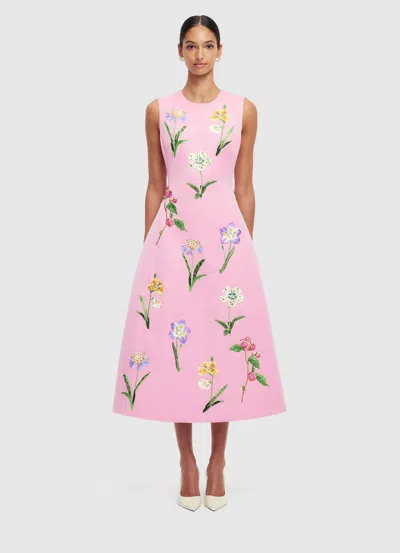 Leo Lin Cleo Floral Embroidered Satin Midi Dress In Pink