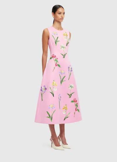 Leo Lin Cleo Floral Embroidered Satin Midi Dress In Pink