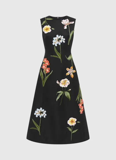 Leo Lin Floral Embroidered Midi Dress In Black