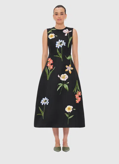 Leo Lin Floral Embroidered Midi Dress In Black