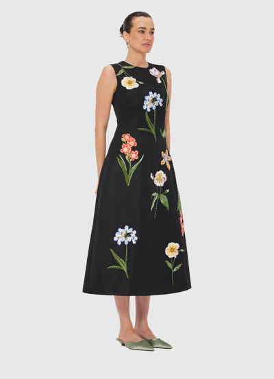 Leo Lin Floral Embroidered Midi Dress In Black