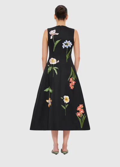 Leo Lin Floral Embroidered Midi Dress In Black