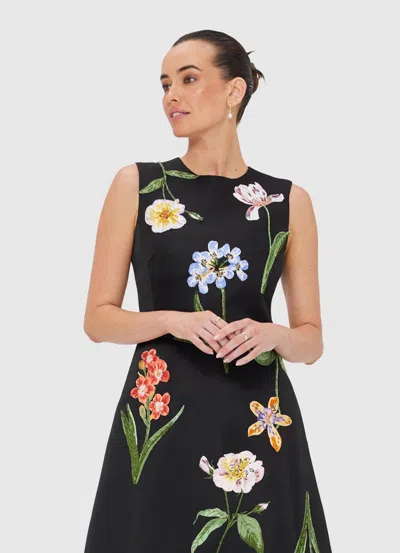 Leo Lin Floral Embroidered Midi Dress In Black