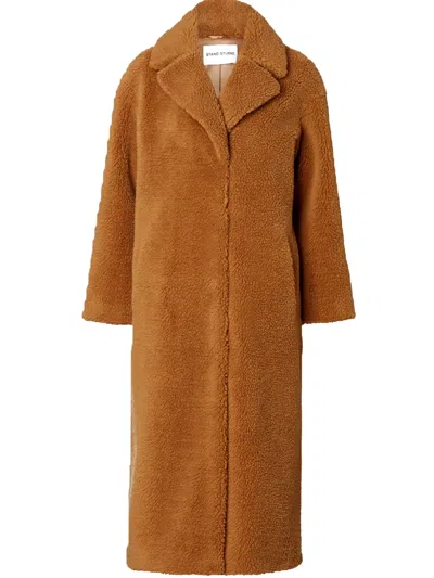 Stand Studio Single Breasted Long Teddy Coat In Brown