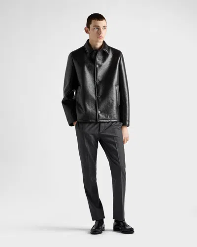Prada Textured Leather Caban Style Jacket In Blue