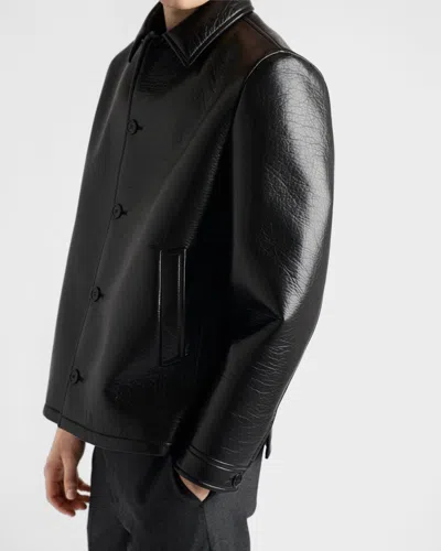 Prada Textured Leather Caban Style Jacket In Blue