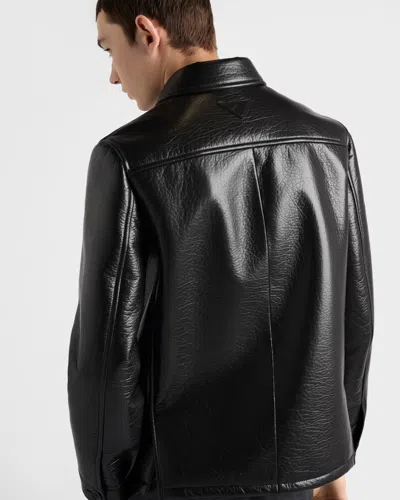 Prada Textured Leather Caban Style Jacket In Blue