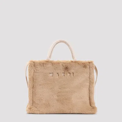 Marni Small Rectangular Basket Bag With Plush Faux Fur Fabric In Neutral