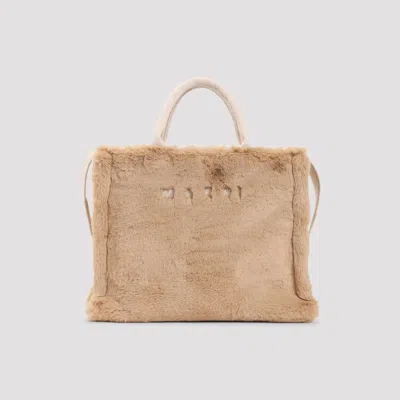 Marni Small Rectangular Basket Bag With Plush Faux Fur Fabric In Neutral