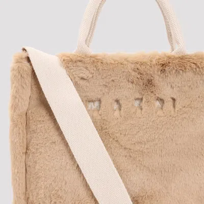 Marni Small Rectangular Basket Bag With Plush Faux Fur Fabric In Neutral