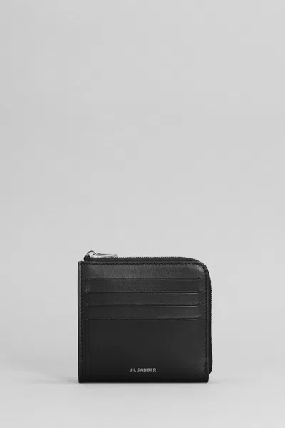 Jil Sander Leather Card Holder With Top Zip Closure In Black