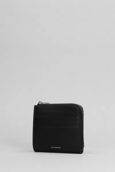 Jil Sander Leather Card Holder With Top Zip Closure In Black