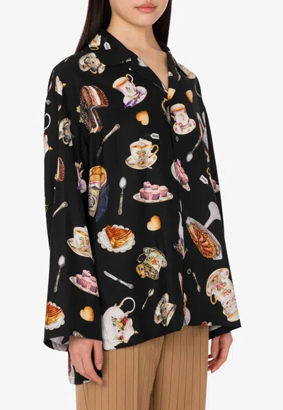 Moschino Tea Time Printed Silk Satin Shirt In Black