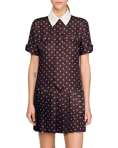Sandro Printed Satin-effect Short Dress In Brown