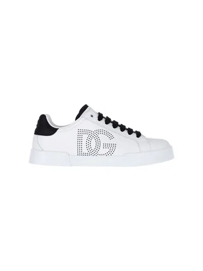 Dolce & Gabbana Portofino' White Low Top Sneakers With Perforated Logo In Leather In White
