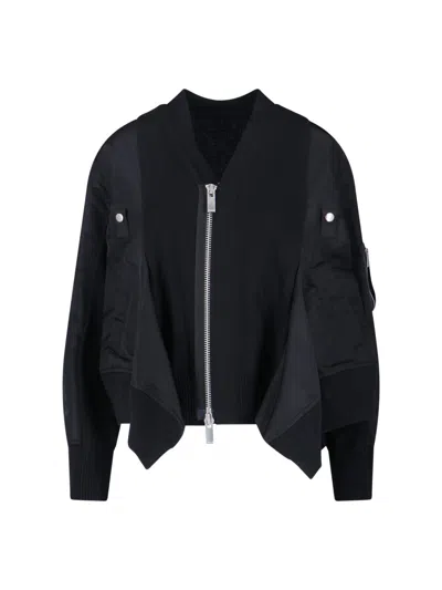 Sacai Black Cotton Blend And Nylon Bomber Jacket In Blue