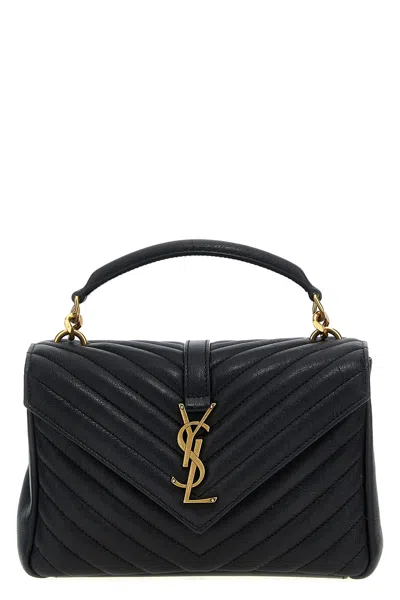 Saint Laurent College Medium Flap Ysl Shoulder Bag In Quilted Tweed In Blue