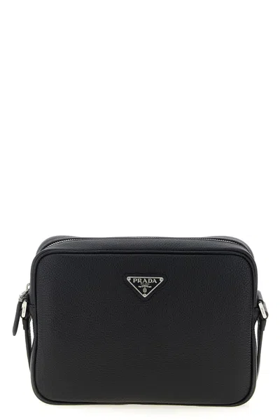 Prada Leather Shoulder Bag With Logo Plaque In Black