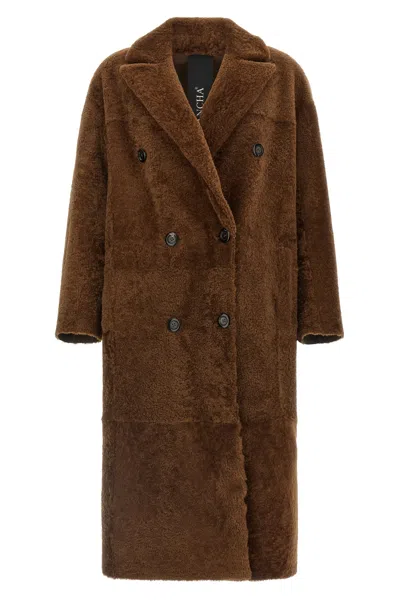 Blancha Double-breasted Longline Fur Jacket In Brown