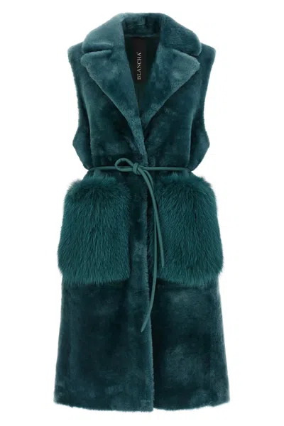 Blancha Straight-volpe Shadow Belted Faux Fur Vest In Green