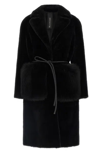Blancha Straight-volpe Fur Belted Long Jacket In Black
