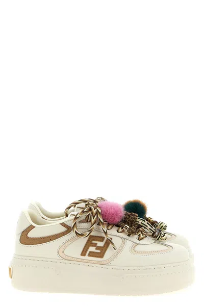 Fendi Match Low Top Platform In White Leather With Charm Women In Neutral