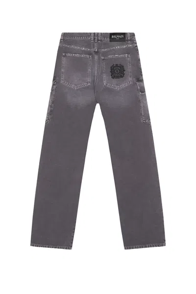Balmain Loose Cargo Denim Jeans In Gray