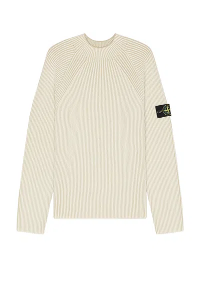 Stone Island White Sweater With Ribbed Design And Logo Patch On Sleeve In Virgin Wool Blend Man In Neutral