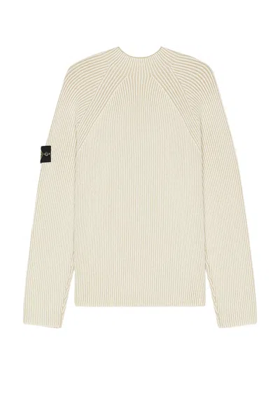 Stone Island White Sweater With Ribbed Design And Logo Patch On Sleeve In Virgin Wool Blend Man In Neutral
