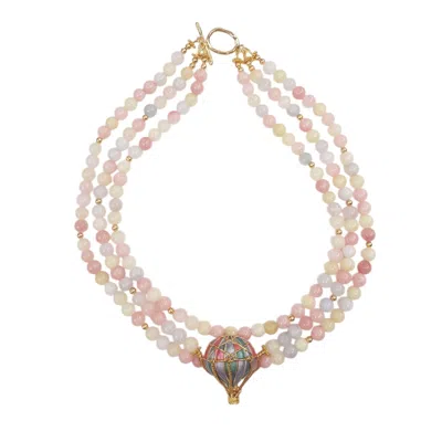 Way To Chic Women's Blue / Pink / Yellow Morganite Beaded Necklace With Hot Air Balloon Brooch In Multi