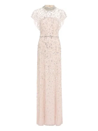 Jenny Packham Crystal Drop Embellished High-neck Maxi Dress In Neutral