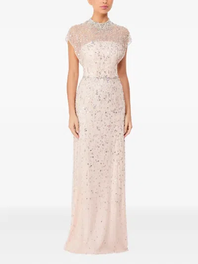 Jenny Packham Crystal Drop Embellished High-neck Maxi Dress In Neutral