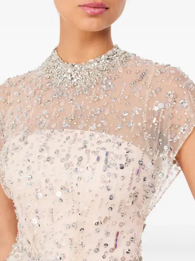 Jenny Packham Crystal Drop Embellished High-neck Maxi Dress In Neutral