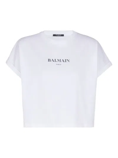 Balmain Logo Short-sleeve Crop T-shirt In White
