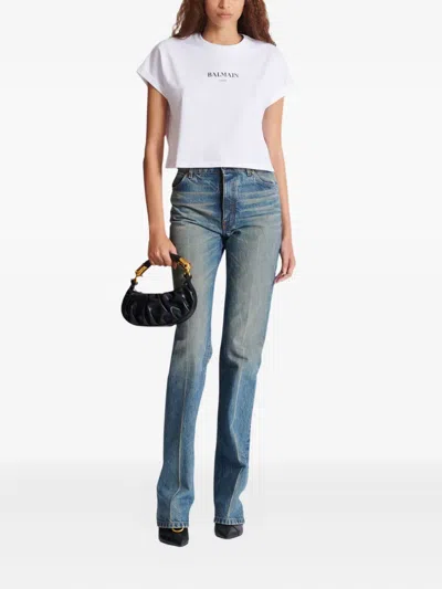 Balmain Logo Short-sleeve Crop T-shirt In White