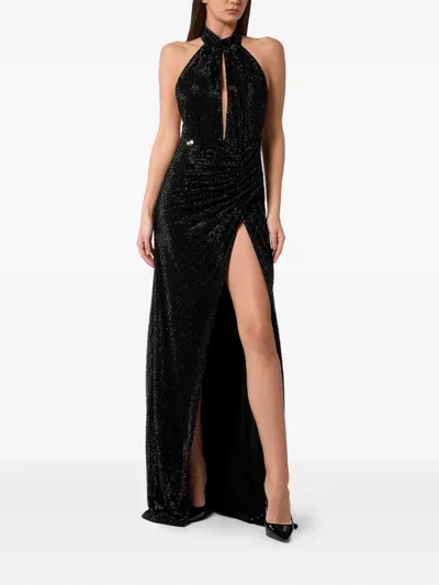 Philipp Plein Backless Long Evening Dress Mix Strass In Black