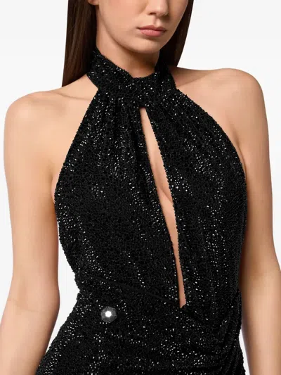 Philipp Plein Backless Long Evening Dress Mix Strass In Black