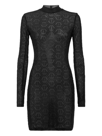 Philipp Plein Tulle Long-sleeved Mini Dress Monogram Strass In Black