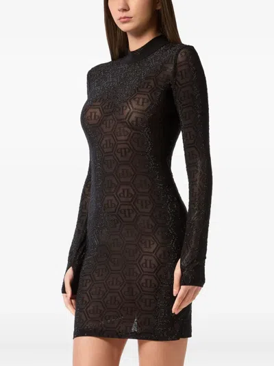 Philipp Plein Tulle Long-sleeved Mini Dress Monogram Strass In Black