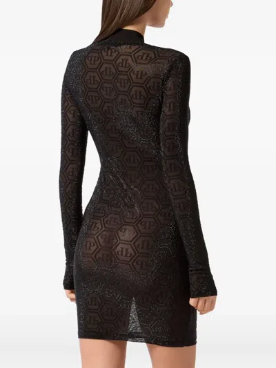 Philipp Plein Tulle Long-sleeved Mini Dress Monogram Strass In Black