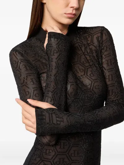 Philipp Plein Tulle Long-sleeved Mini Dress Monogram Strass In Black