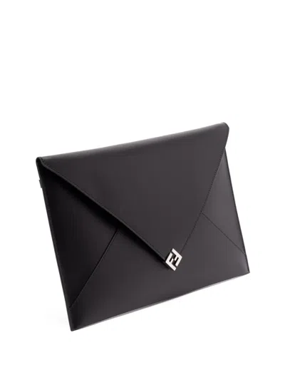 Fendi Large Flat Pouch With Envelope Design And Wrist Strap In Black